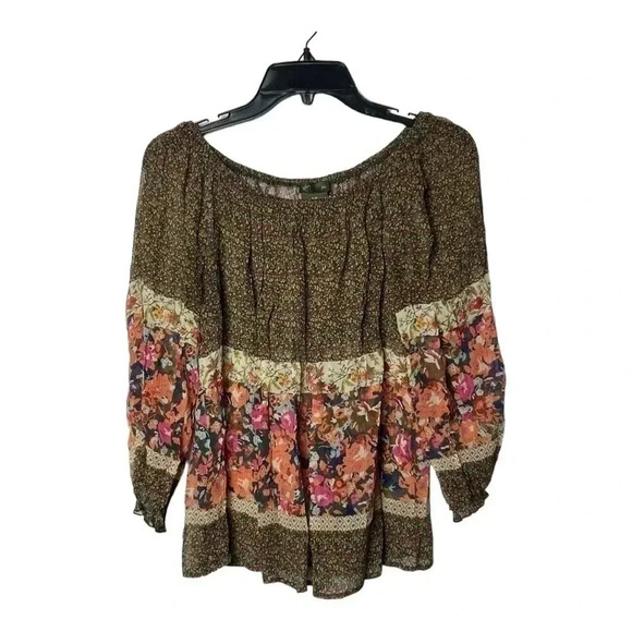 1606. ANTHROPOLOGIE FEI LONG SLEEVE SILK MATERIAL FLORAL BLOUSE SIZE SMALL GREEN - Picture 2 of 10